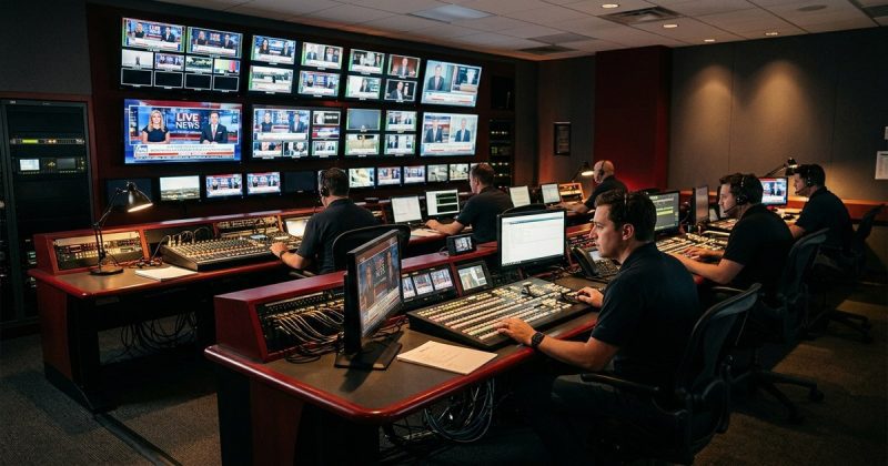 Live news broadcast control room with multiple TV monitors, editorial photo style