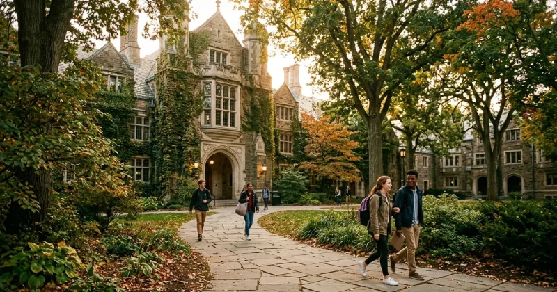 A stone ivy-covered college building with students walking a path under autumn trees in golden light