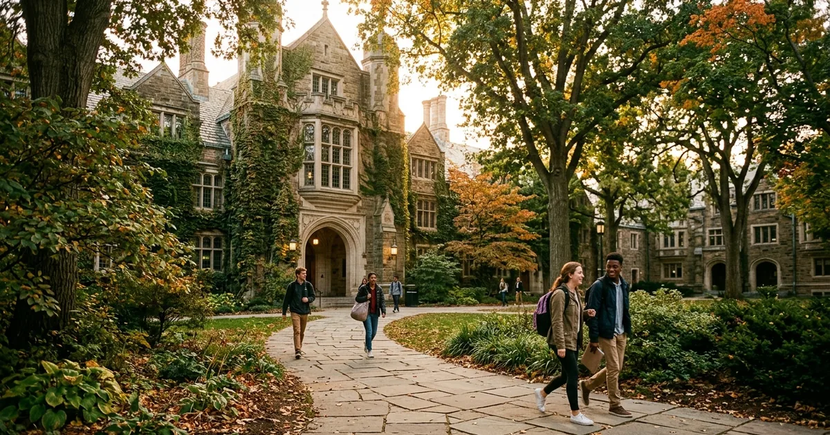 A stone ivy-covered college building with students walking a path under autumn trees in golden light