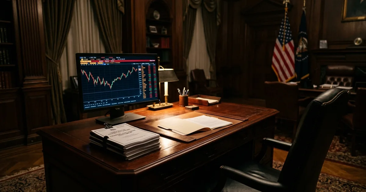 Dark wood-paneled government office with a financial trading terminal on the executive desk beside stacked federal disclosure documents, an empty leather chair pushed back, US flag in deep background.