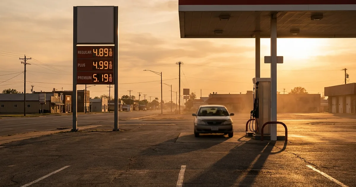 A generic American gas station at golden hour with a tall illuminated price sign showing regular at 4.89, plus at 4.99 and premium at 5.19 per gallon, a sedan parked at the pump, long shadows across the asphalt, small-town buildings in the distance