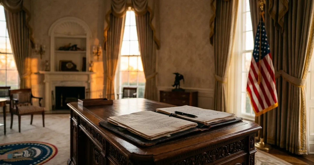 An open leather portfolio of unreadable typed pages on the Resolute Desk in the Oval Office at sunset