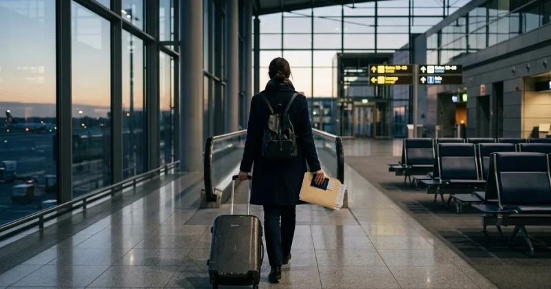A lone traveler seen from behind pulls a suitcase and holds a passport and documents in a quiet airport departure hall at dawn