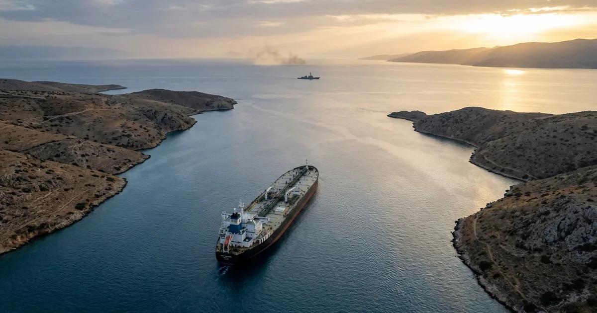 An oil tanker moves through a narrow strait between arid coastlines at dawn with a distant naval vessel on the horizon