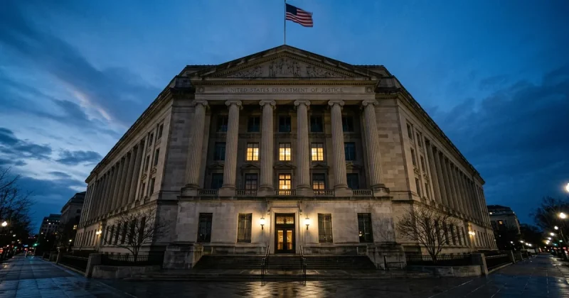 The Robert F. Kennedy Department of Justice building in Washington D.C. at dusk, American flag flying above warmly lit interior windows