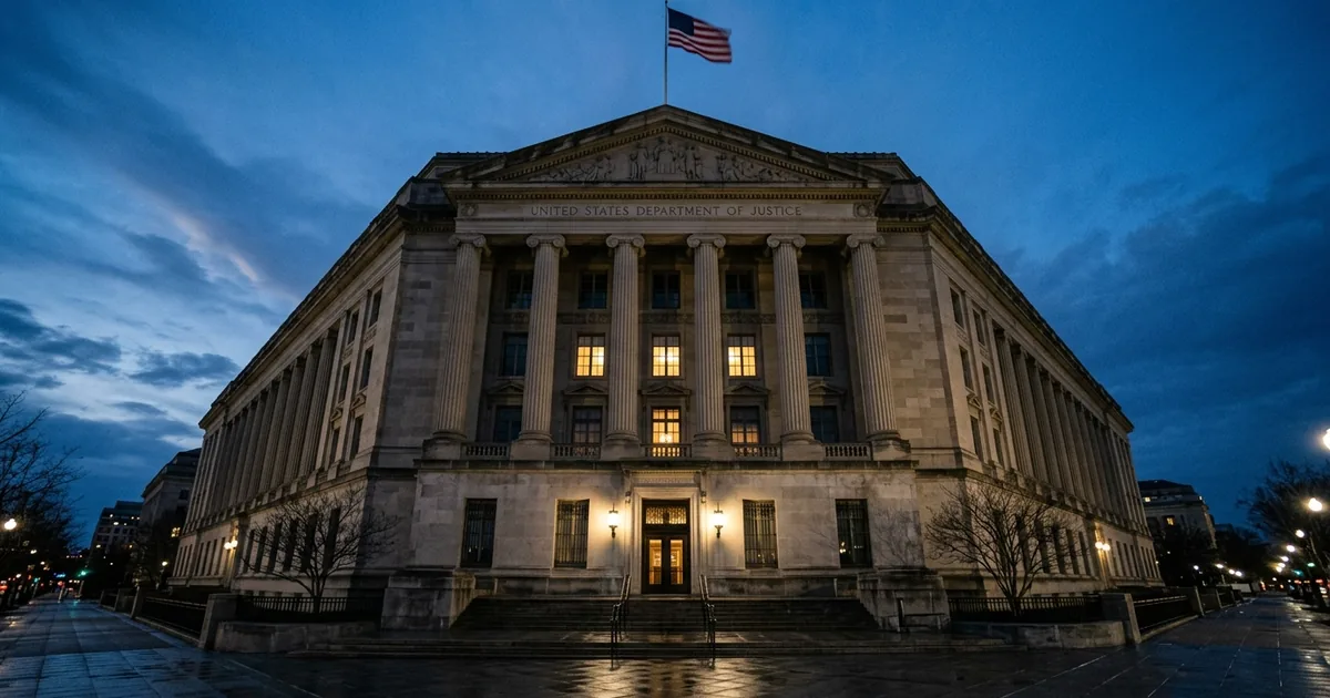 The Robert F. Kennedy Department of Justice building in Washington D.C. at dusk, American flag flying above warmly lit interior windows