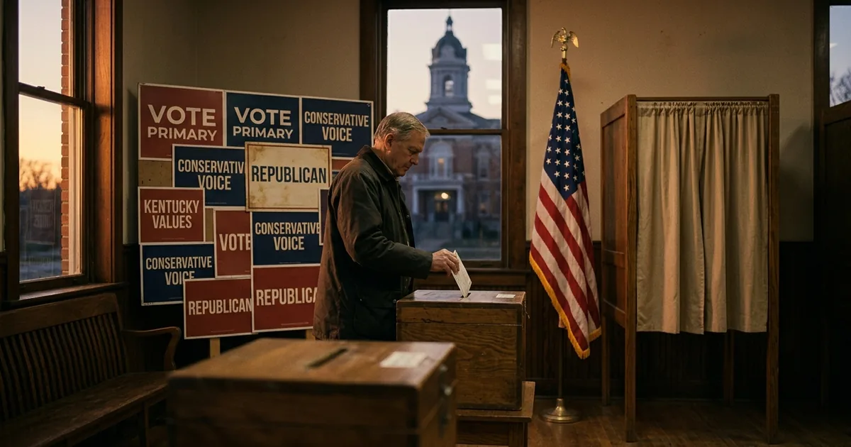 Older voter in a barn coat slipping a ballot into a wooden ballot box at a Kentucky polling place at dusk, with a wall of red, white, and blue Republican primary signs to one side, an American flag and curtained voting booth, and a county courthouse silhouette through the window