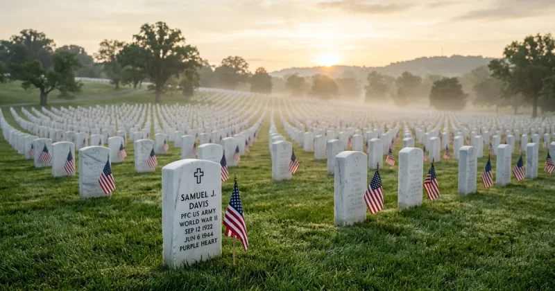 Rows of white marble headstones with small American flags at a military cemetery at sunrise