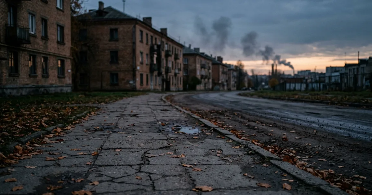 An empty eastern European urban street at twilight, autumn leaves on cracked pavement, low brick apartment buildings, faint columns of smoke against a dusk sky