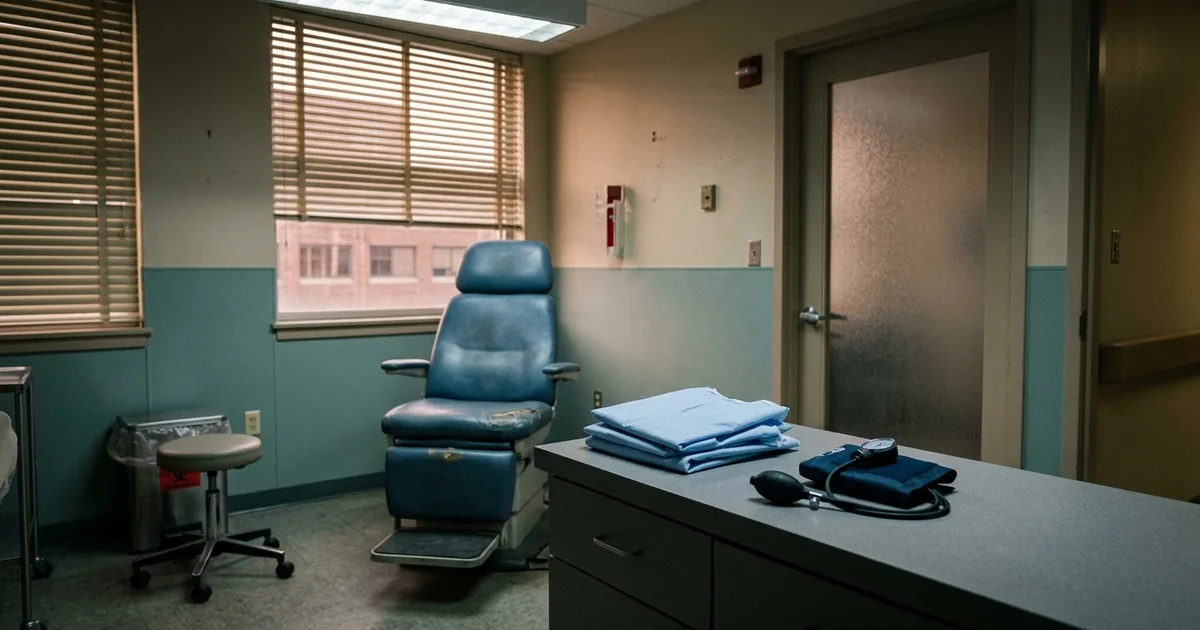 An empty veterans clinic exam room with a vacant chair and cold light through the blinds