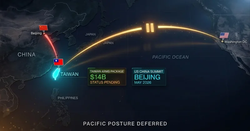 Pacific Ocean map showing a broken golden arc from Washington DC to Taipei with a pause symbol and a red beam from Beijing, with data panels labeled Taiwan Arms Package 14B Status Pending and US China Summit Beijing May 2026