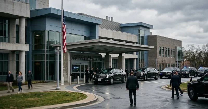A black presidential limousine and SUV motorcade parked at the covered entrance of a US military medical center under an overcast sky