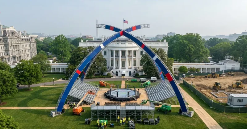 Aerial UPI-style press photograph of the White House South Lawn: two intersecting parabolic steel arches clad in deep blue with red and white accents form a gateway portal framing the South Facade of the White House, with the UFC Freedom 250 octagon cage and bleacher seating built beneath, construction workers in high-visibility vests gathered around the stage, the Eisenhower Executive Office Building visible on the left, the demolished East Wing site cleared to bare dirt with yellow Caterpillar bulldozers and chain-link fencing on the right, and the Washington Monument hazy in the deep background
