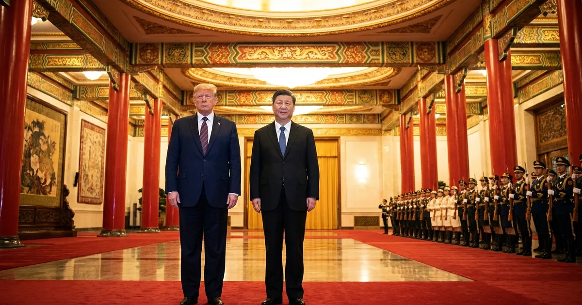 U.S. President Donald Trump and Chinese President Xi Jinping stand together in the red and gold Great Hall of the People in Beijing as a Chinese honor guard stands at attention