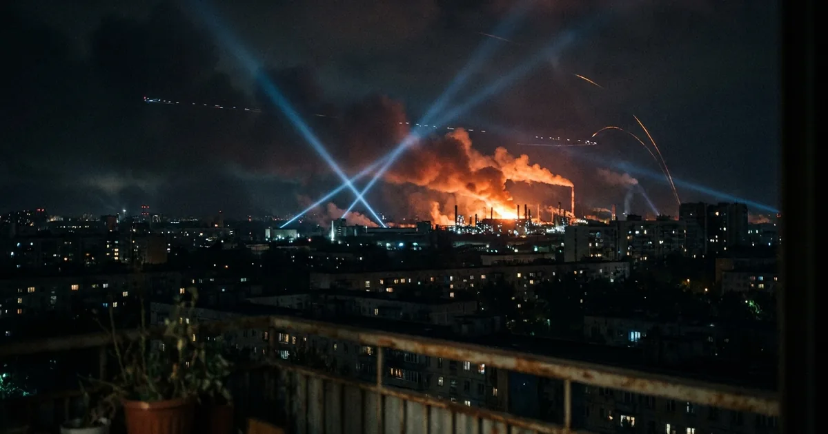 Night view from a Moscow apartment balcony of an oil refinery burning in the distance, searchlights crossing the sky and faint drone tracers overhead, residential apartment blocks in the mid-ground with windows lit