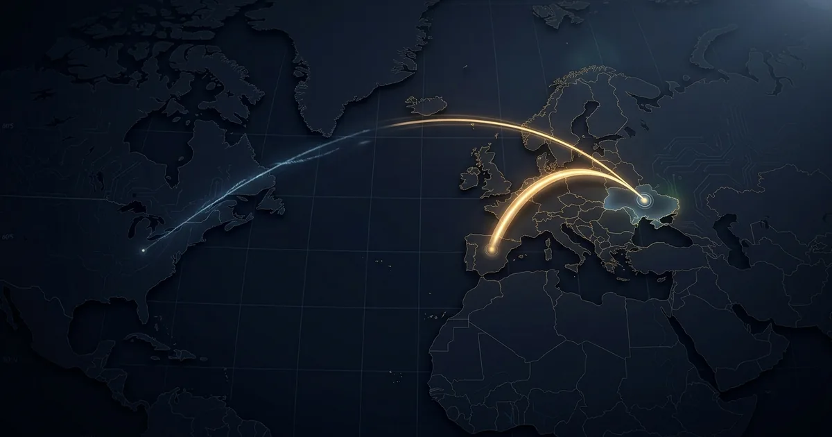 A dark map of the North Atlantic shows a thick bright arc of aid from Europe reaching Ukraine and a thin faint arc from North America fading before it crosses the ocean