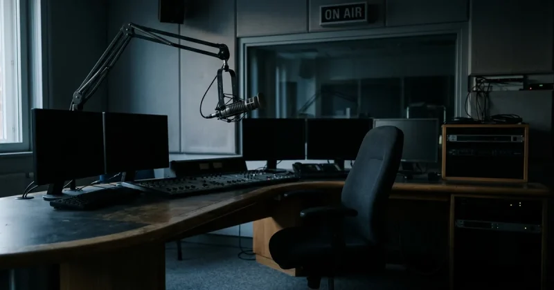 An empty radio broadcast studio at dusk with the on-air light switched off