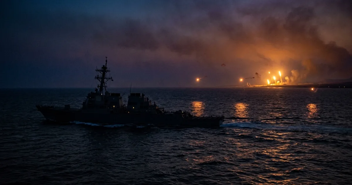 A US Navy guided-missile destroyer on dark water at dusk as missile flashes light the southern Iranian coastline across the Strait of Hormuz