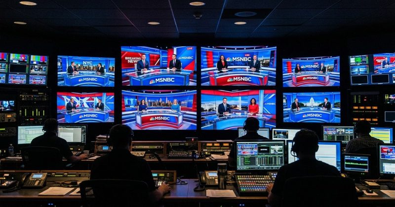 MSNBC and cable news multi-screen control room composite, editorial photo style
