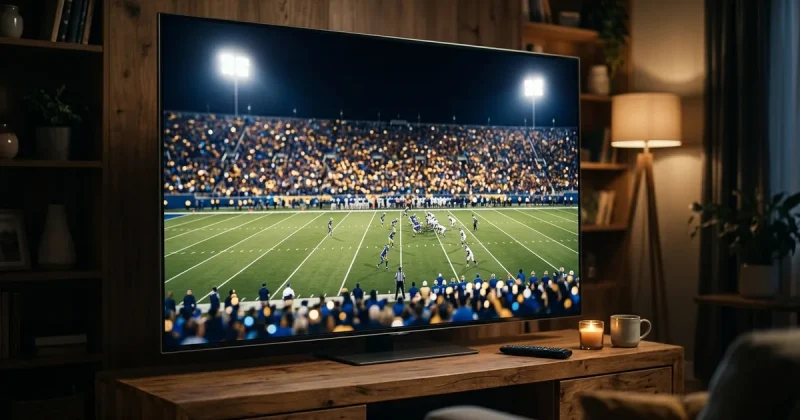 A primetime NFL football game shown on a large living-room TV, stadium under floodlights at night with a remote on the console