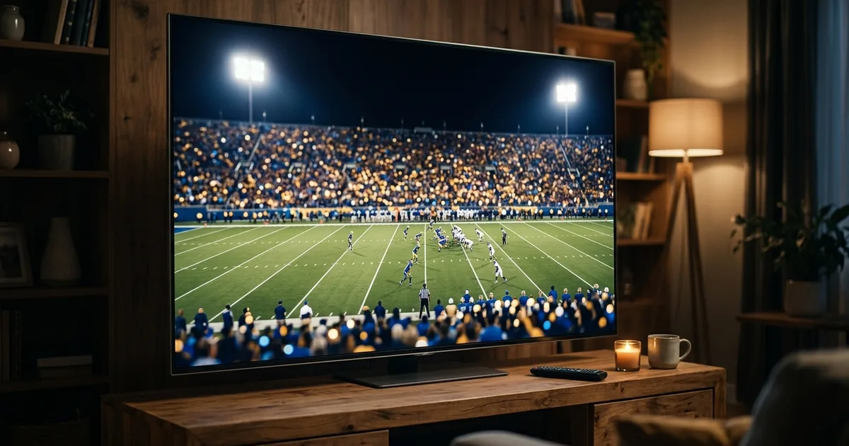 A primetime NFL football game shown on a large living-room TV, stadium under floodlights at night with a remote on the console