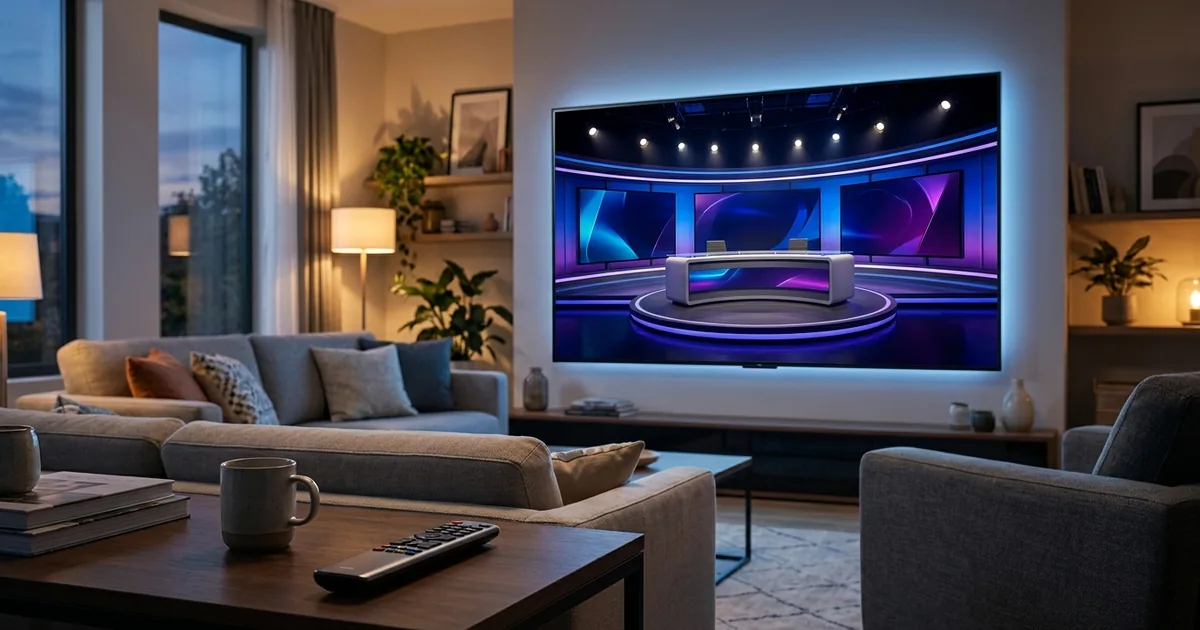 A modern sports broadcast studio with an anchor desk and blue lighting shown on a large living-room TV