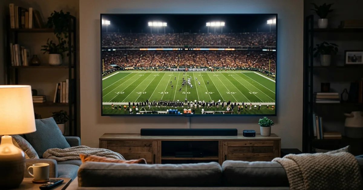 A primetime NFL football game on a large living-room TV in a cozy room on a Sunday evening