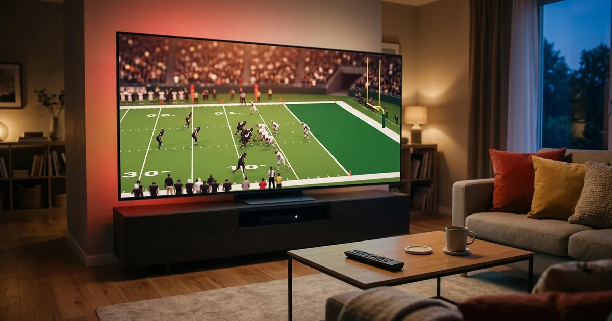 An NFL football game on a living-room TV with a remote on the coffee table in the foreground
