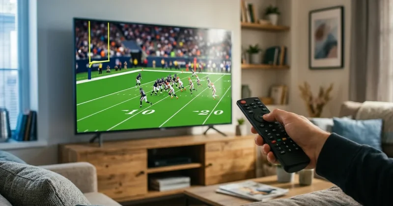 A hand holding a remote pointed at a living-room TV showing an NFL football game