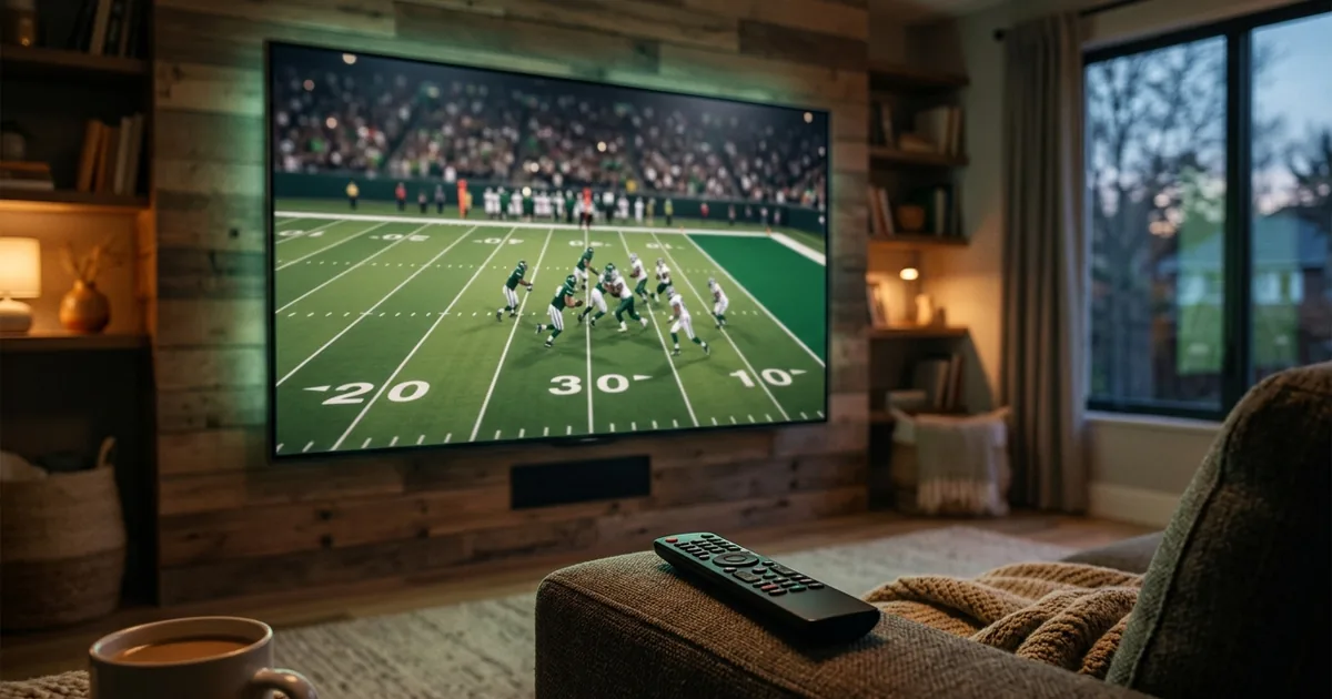 An NFL football game on a living-room TV with a remote on the couch arm in the foreground