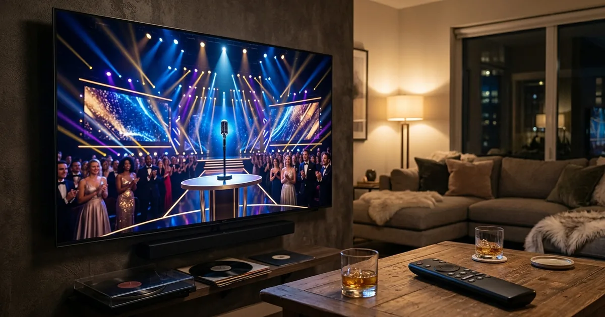 A glamorous music awards show stage with spotlights and a microphone shown on a large living-room TV