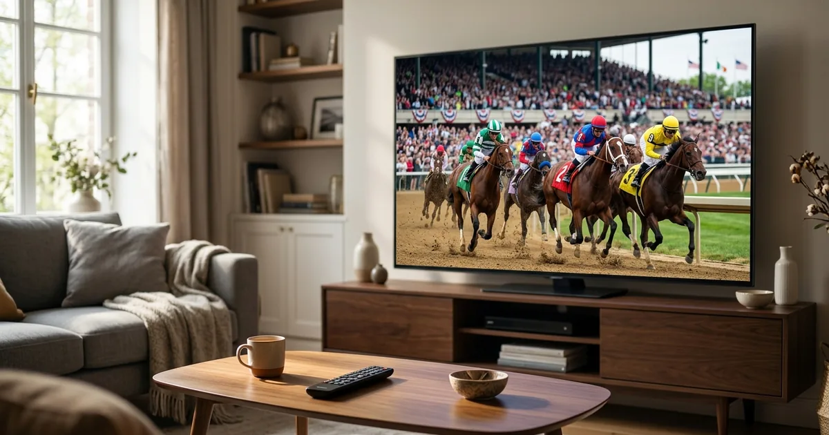 Thoroughbred horses and jockeys racing down a dirt track shown on a large living-room TV with a packed grandstand