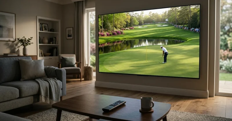 A golfer putting on a lush spring golf course shown on a large living-room TV with flowering shrubs and a water feature
