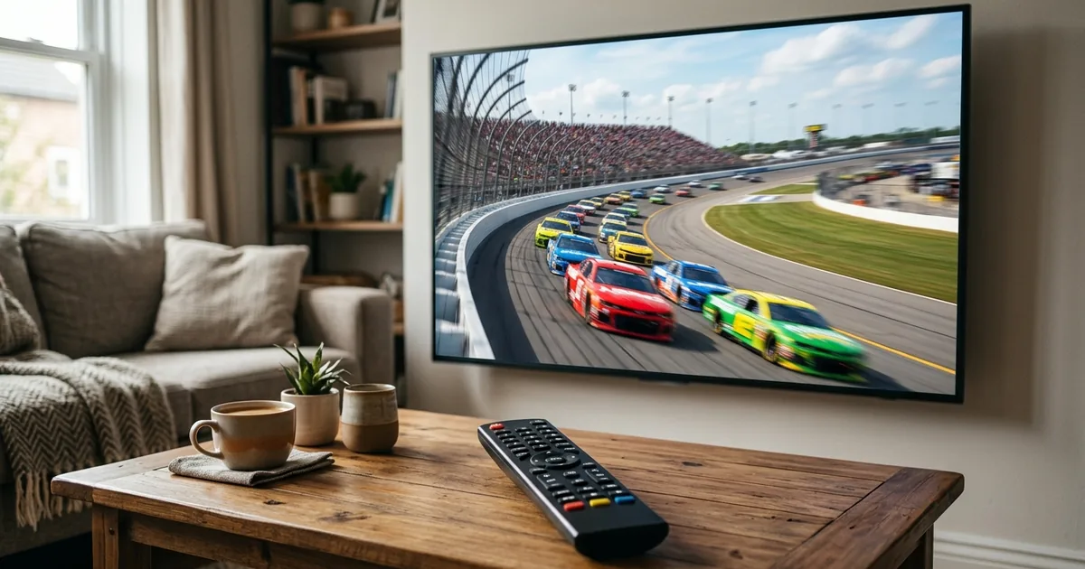 A pack of colorful stock cars racing around a banked oval superspeedway shown on a large living-room TV
