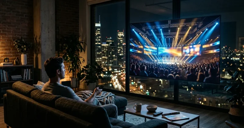 A person on a couch watching a brightly lit primetime sports event arena on a large living-room TV at night