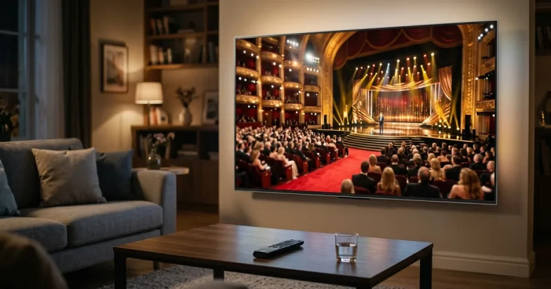 A glamorous film awards ceremony with a red carpet and golden stage lights shown on a large living-room TV