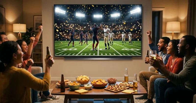 Friends cheering at a Super Bowl watch party in front of a large TV showing a football championship game with gold confetti