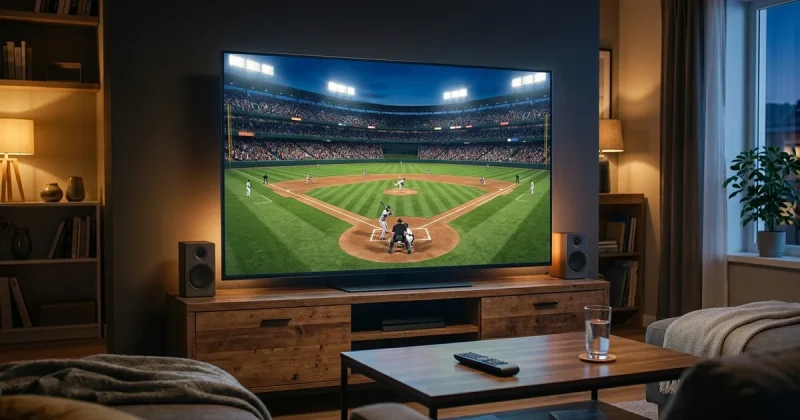 A professional baseball night game on a large living-room TV with a packed stadium under the lights