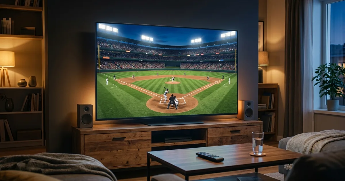 A professional baseball night game on a large living-room TV with a packed stadium under the lights