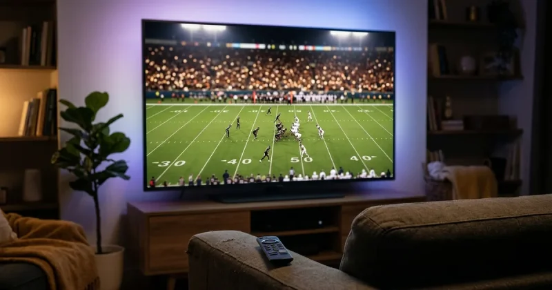 A primetime NFL football game streaming on a smart TV in a living room with a streaming remote in the foreground