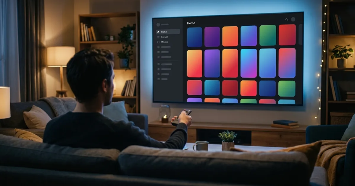 A person with a remote watching a generic streaming-app home screen of colorful content tiles on a large living-room TV