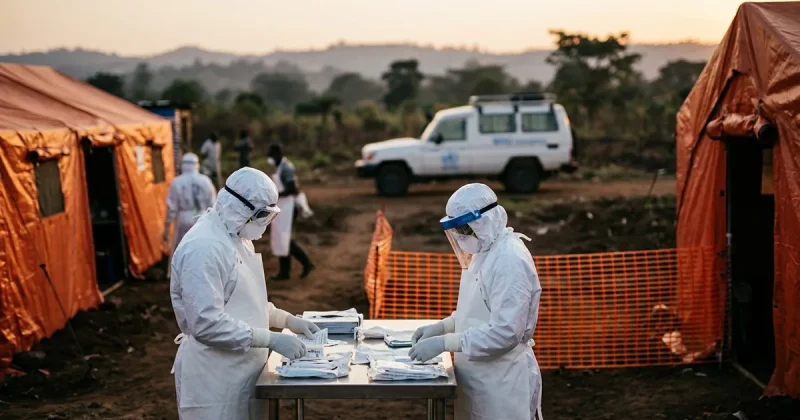 Health workers in white protective suits and face shields sort supplies at a field Ebola treatment center with orange containment tents in eastern Democratic Republic of Congo at dusk