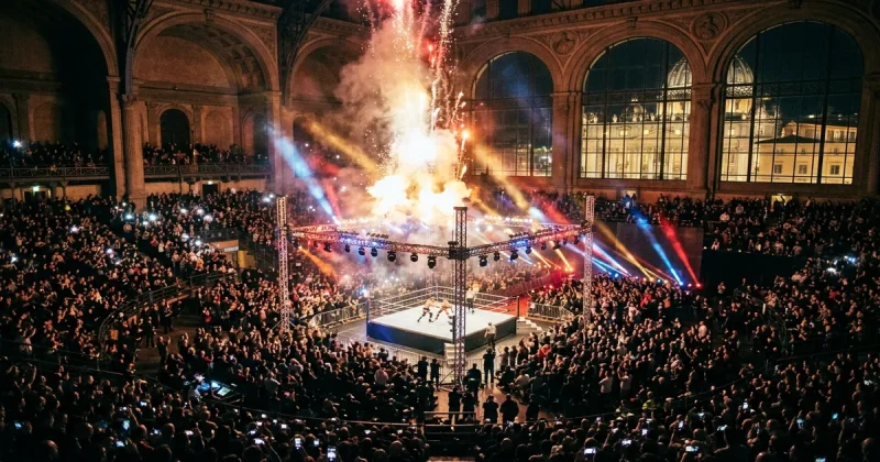 Professional wrestling arena packed with fans during a pyrotechnics display with Renaissance architecture visible