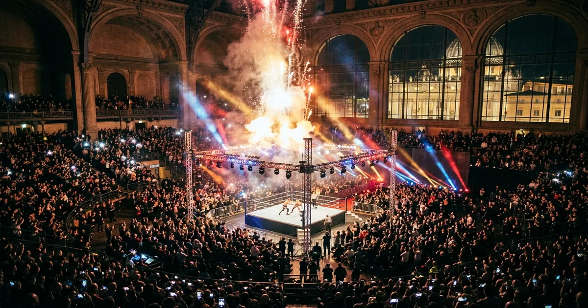 Professional wrestling arena packed with fans during a pyrotechnics display with Renaissance architecture visible