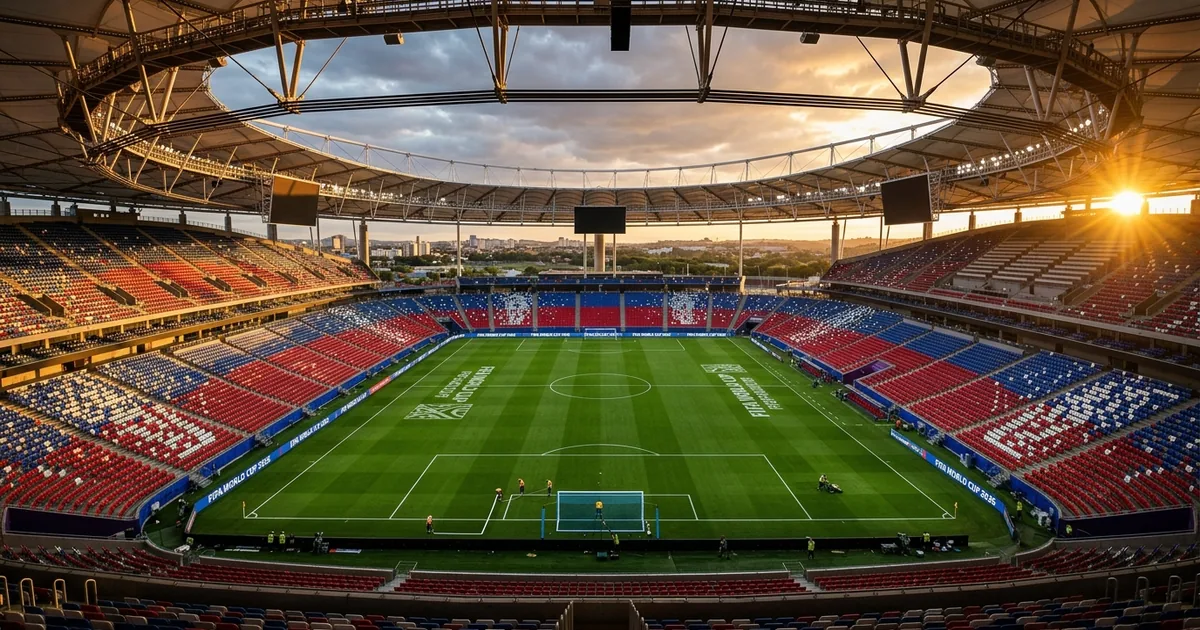 Modern stadium with colorful seats and green soccer pitch prepared for a 2026 World Cup match at sunset