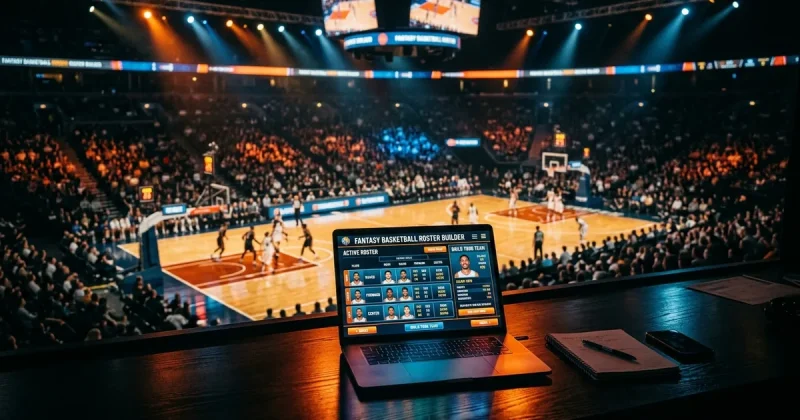 A basketball arena with dramatic lighting and a laptop showing a fantasy basketball roster builder game interface