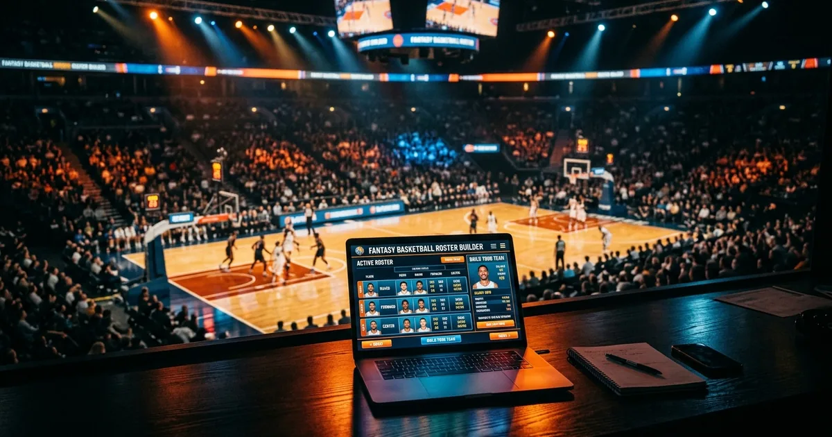 A basketball arena with dramatic lighting and a laptop showing a fantasy basketball roster builder game interface