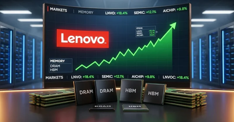 Lenovo logo on a trading video wall above a rising stock chart, with DRAM and HBM memory chips in the foreground and blue-lit AI server racks behind