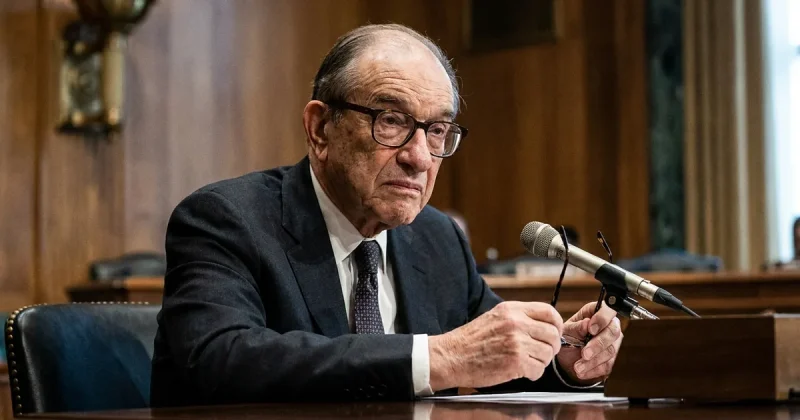Alan Greenspan, former Federal Reserve chairman, holding his glasses while seated at a microphone during a congressional hearing