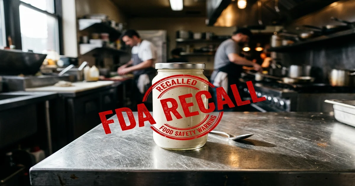 Jar of alfredo sauce on a commercial kitchen counter with a red FDA recall warning stamp